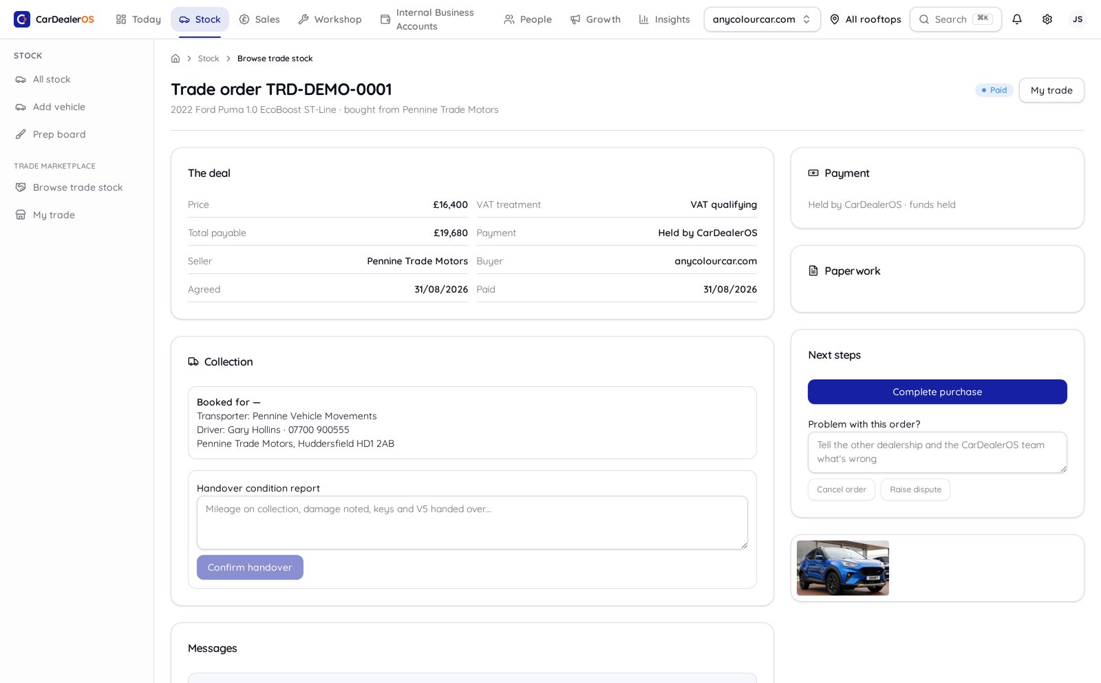 CarDealerOS trade order with paperwork links and collection slots