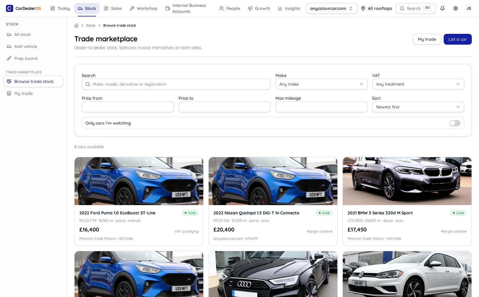 CarDealerOS trade marketplace showing cars listed by other dealerships