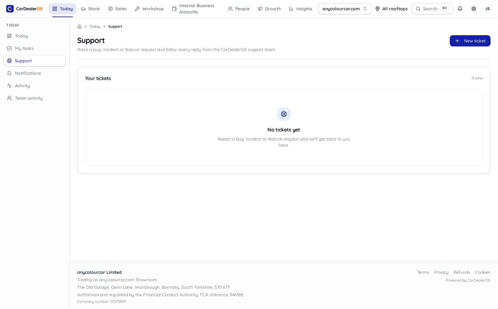 CarDealerOS support tickets with status and priority